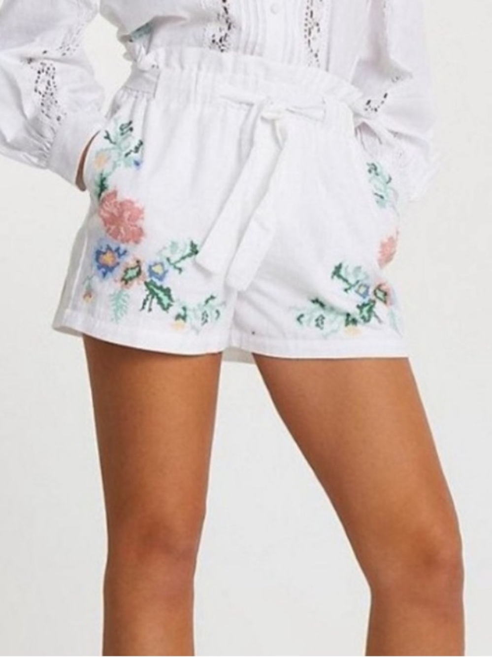 River Island NWT White High Waist Cotton Linen Blend Embroidered Shorts- Size 10 - Picture 4 of 6